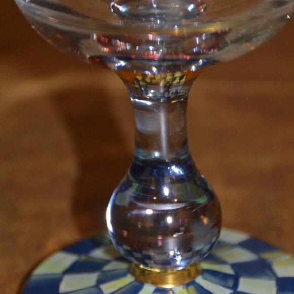 RARE RETIRED DESIGNER MACKENZIE CHILDS BLUE ROYAL CHECK GOLD WATER GLASS GOBLET - Picture 8 of 11